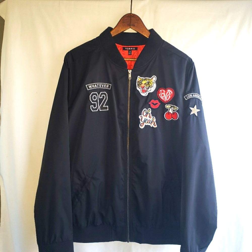 Torrid Womens Size 2 Patch Black Whatever Bomber Full Zip Jacket Oh Yea Tiger